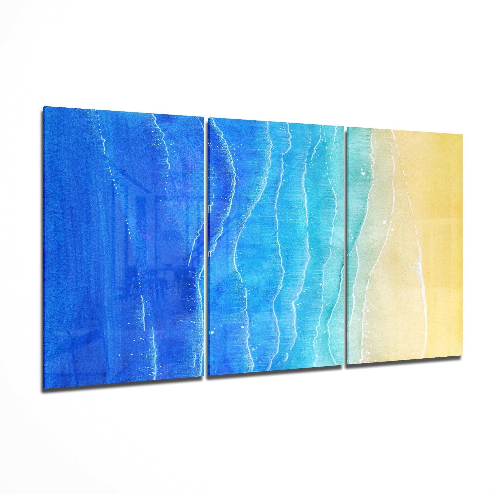 Beach 3-panel glass wall art set, sweeping coastal triptych from sand to sky, 55 to 107 inches wide