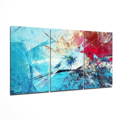 Blue glass wall art 3-piece set featuring a monochromatic blue abstract