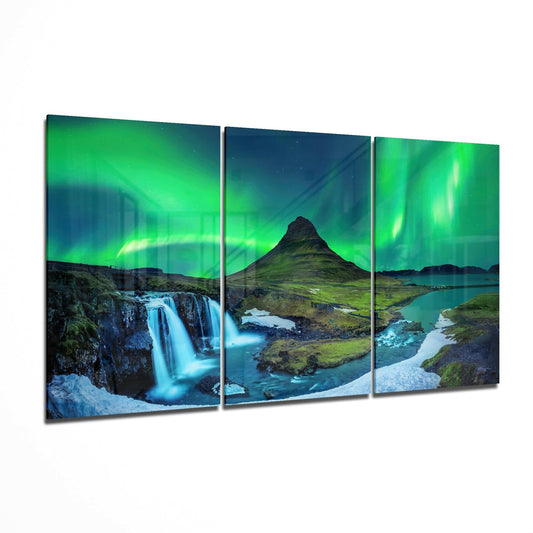 Northern Lights Aurora glass wall art 3-piece set featuring aurora borealis