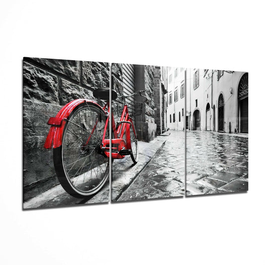 Bicycle on a quiet street, multi-panel glass wall art on high-gloss tempered glass