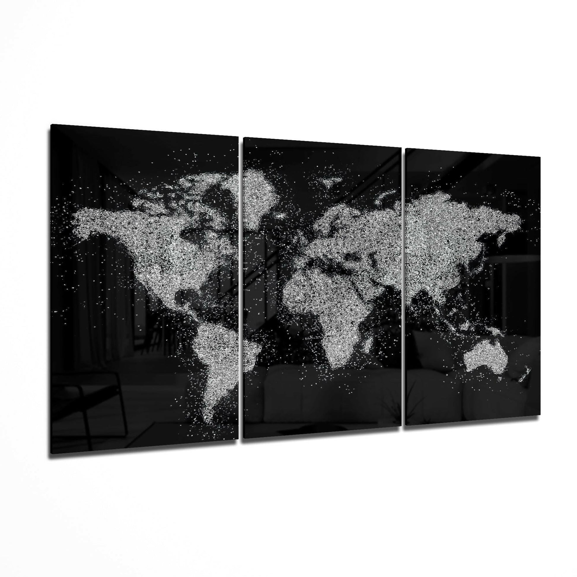World Map 3-panel glass wall art gallery set on a large wall