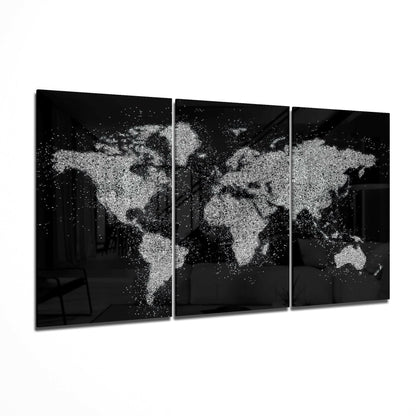 World Map 3-panel glass wall art gallery set on a large wall