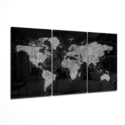 World Map 3-panel glass wall art gallery set on a large wall