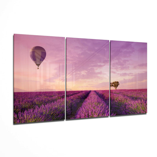 Lavender Field glass wall art 3-piece set featuring a lavender landscape