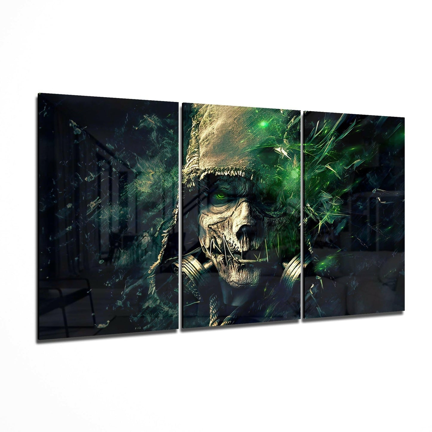 Scarecrow glass wall art 3-piece set featuring a rustic scarecrow