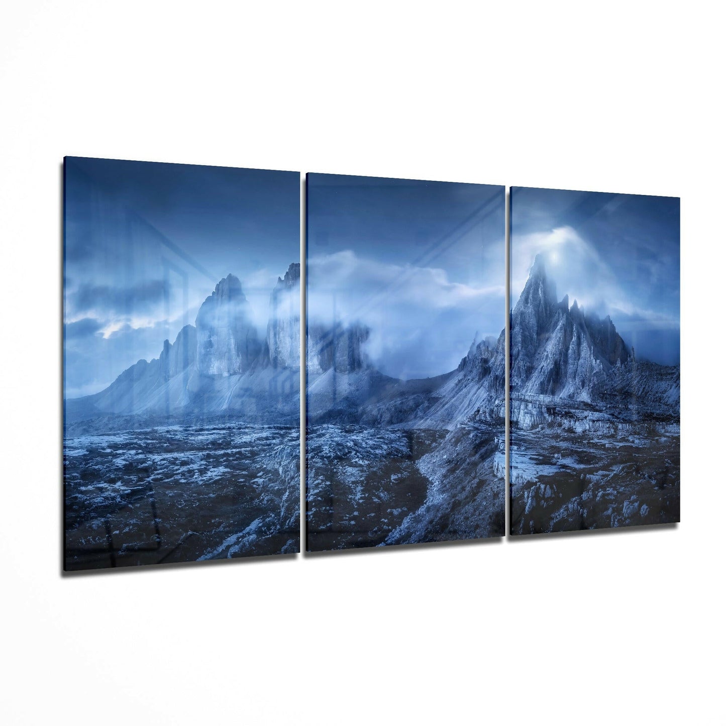 Mountains glass wall art 3-piece set featuring an alpine landscape