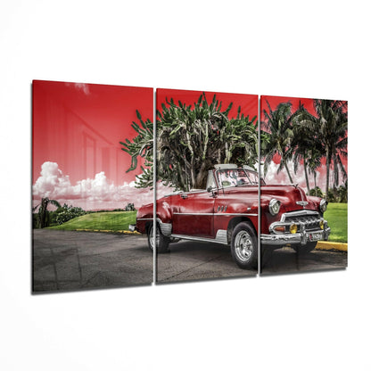Red Classic Car glass wall art 3-piece set featuring a vintage car