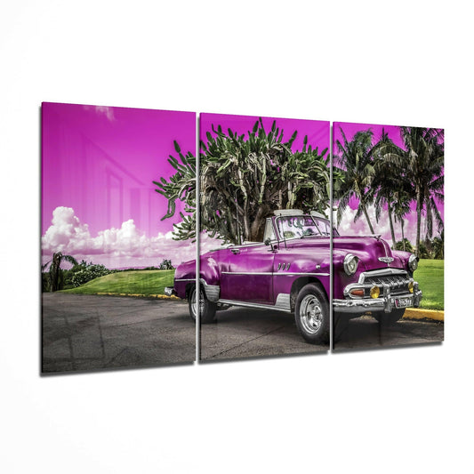 Purple Classic Car glass wall art 3-piece set featuring a vintage car