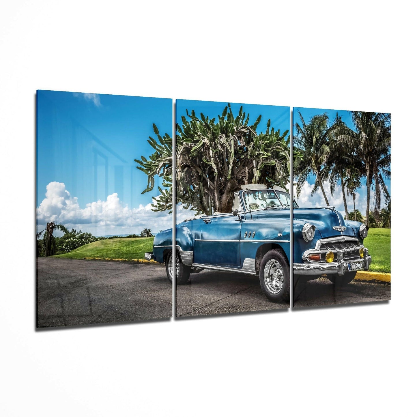 Blue Classic Car glass wall art 3-piece set featuring a vintage car