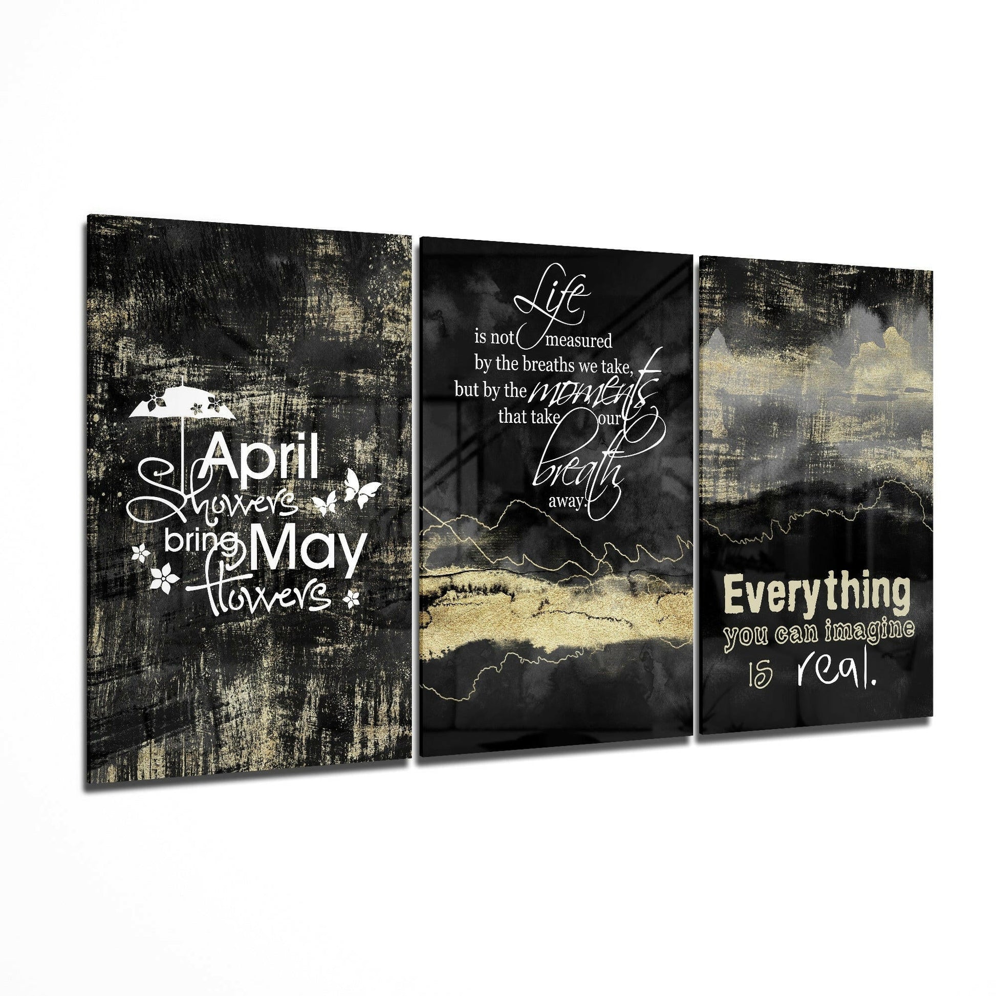 Inspiring glass wall art 3-piece set featuring bold motivational typography