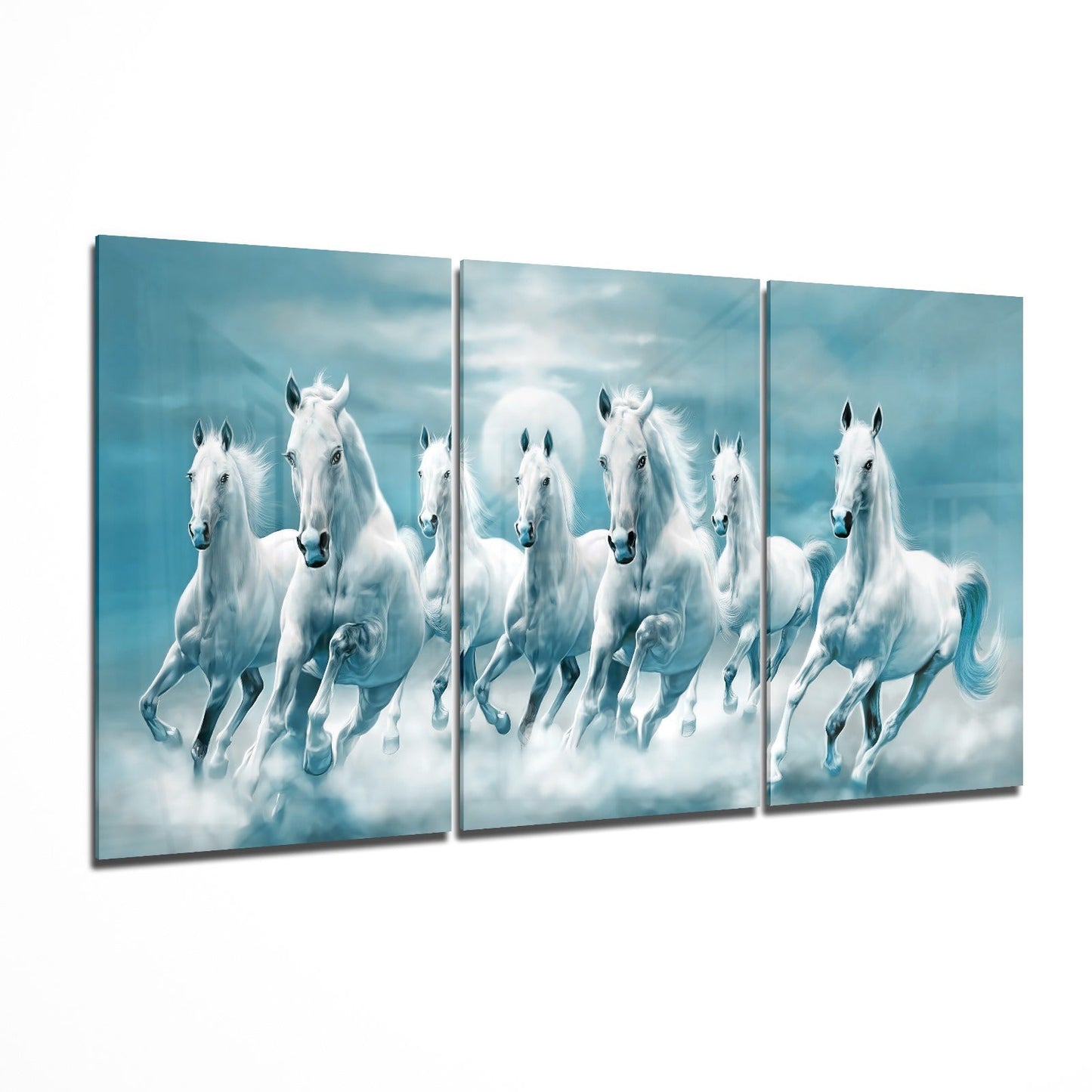 Herd of running horses across a three-panel glass wall art set on high-gloss tempered glass