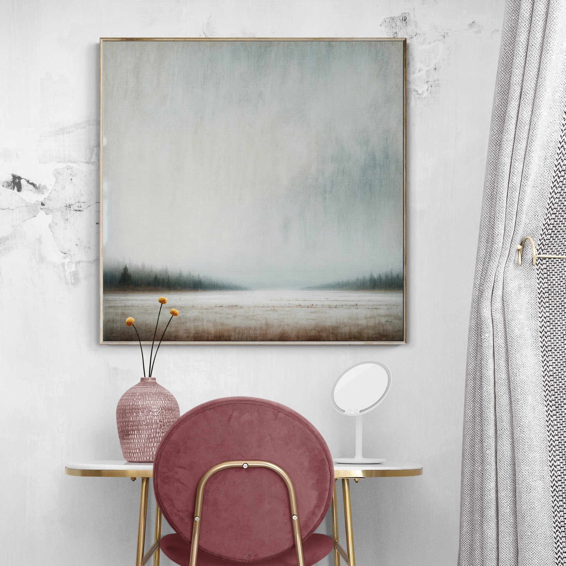 Misty Genesis mountain landscape canvas wall art in soft whites and greens