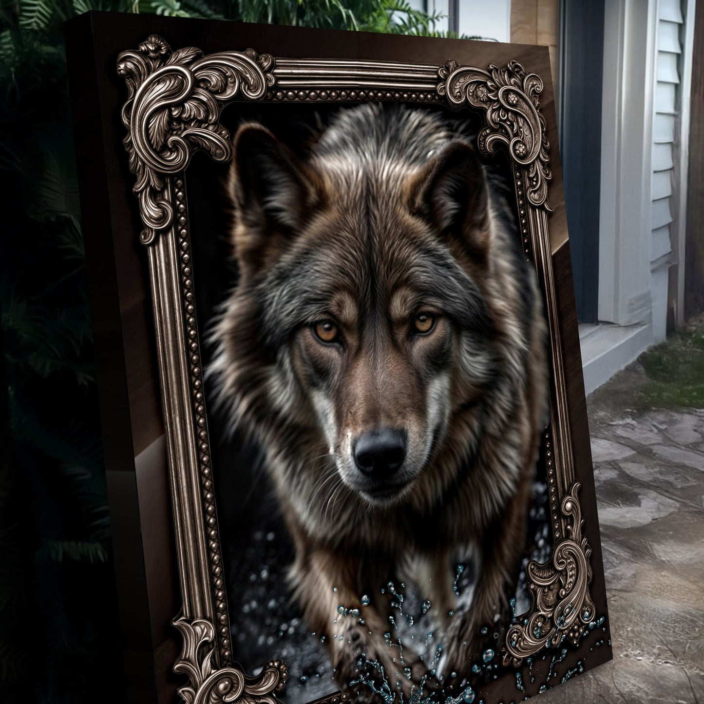 3D wolf canvas wall decor with sculptural detail