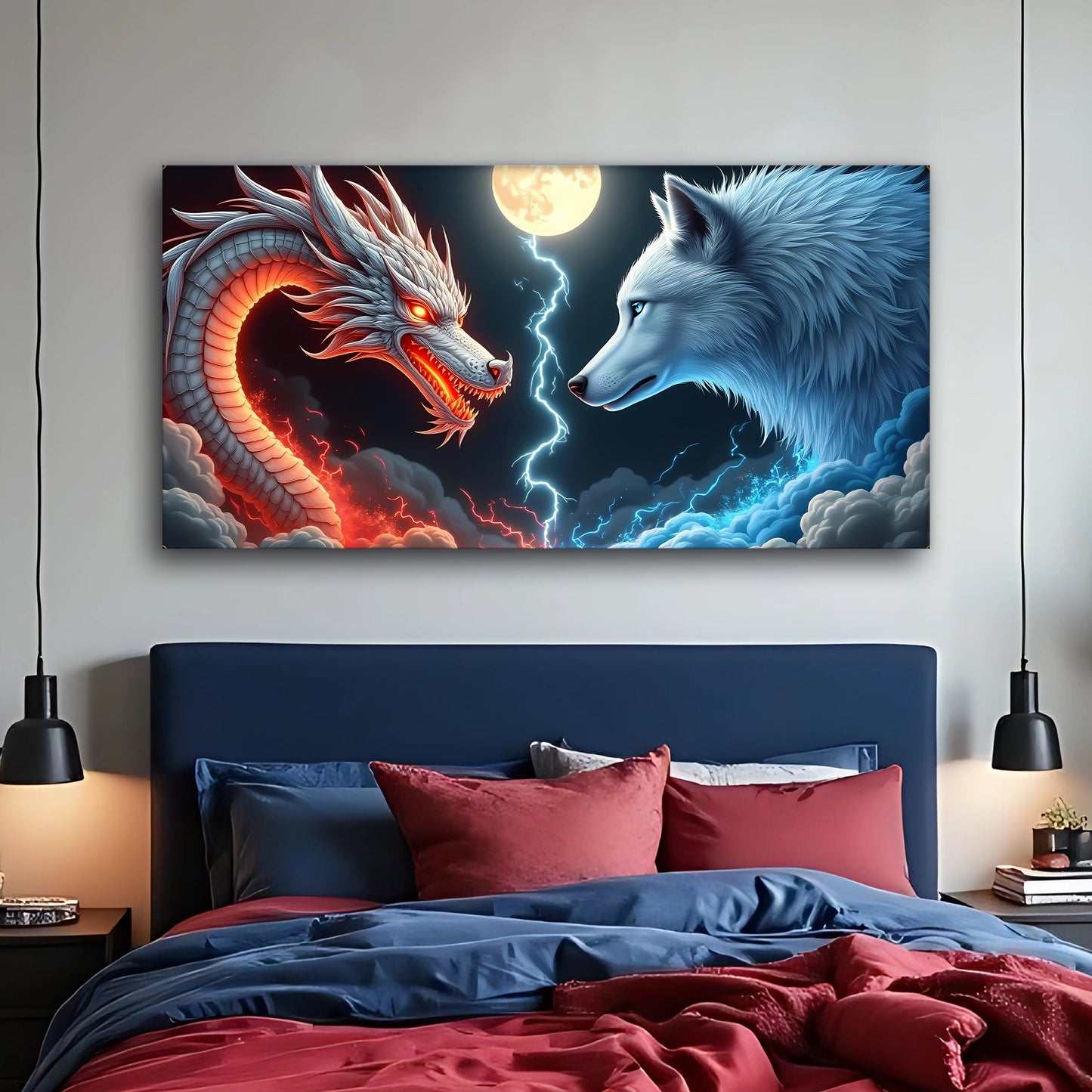 3D Dragon and Wolf Canvas Wall Art III