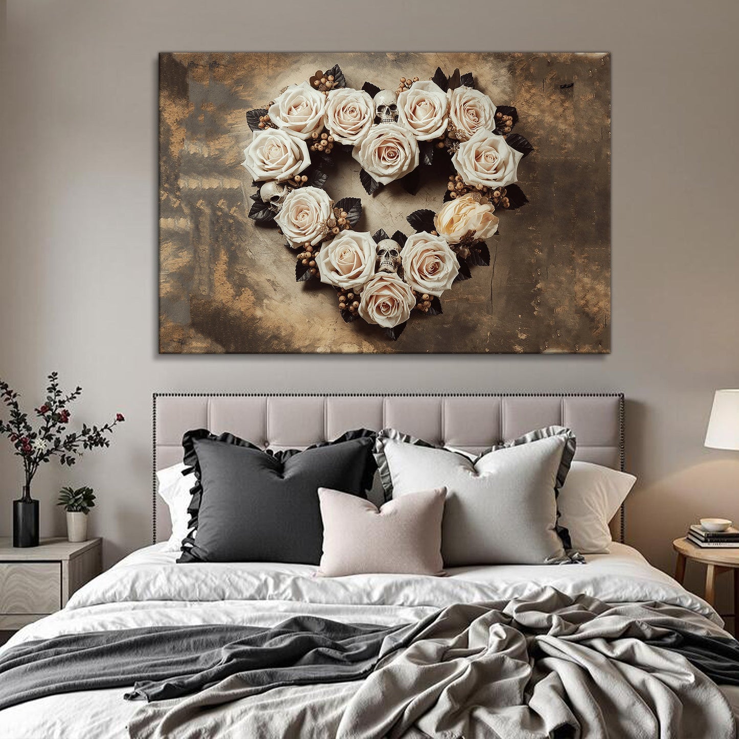 Skull and flowers floral botanical canvas wall art gothic studio decor