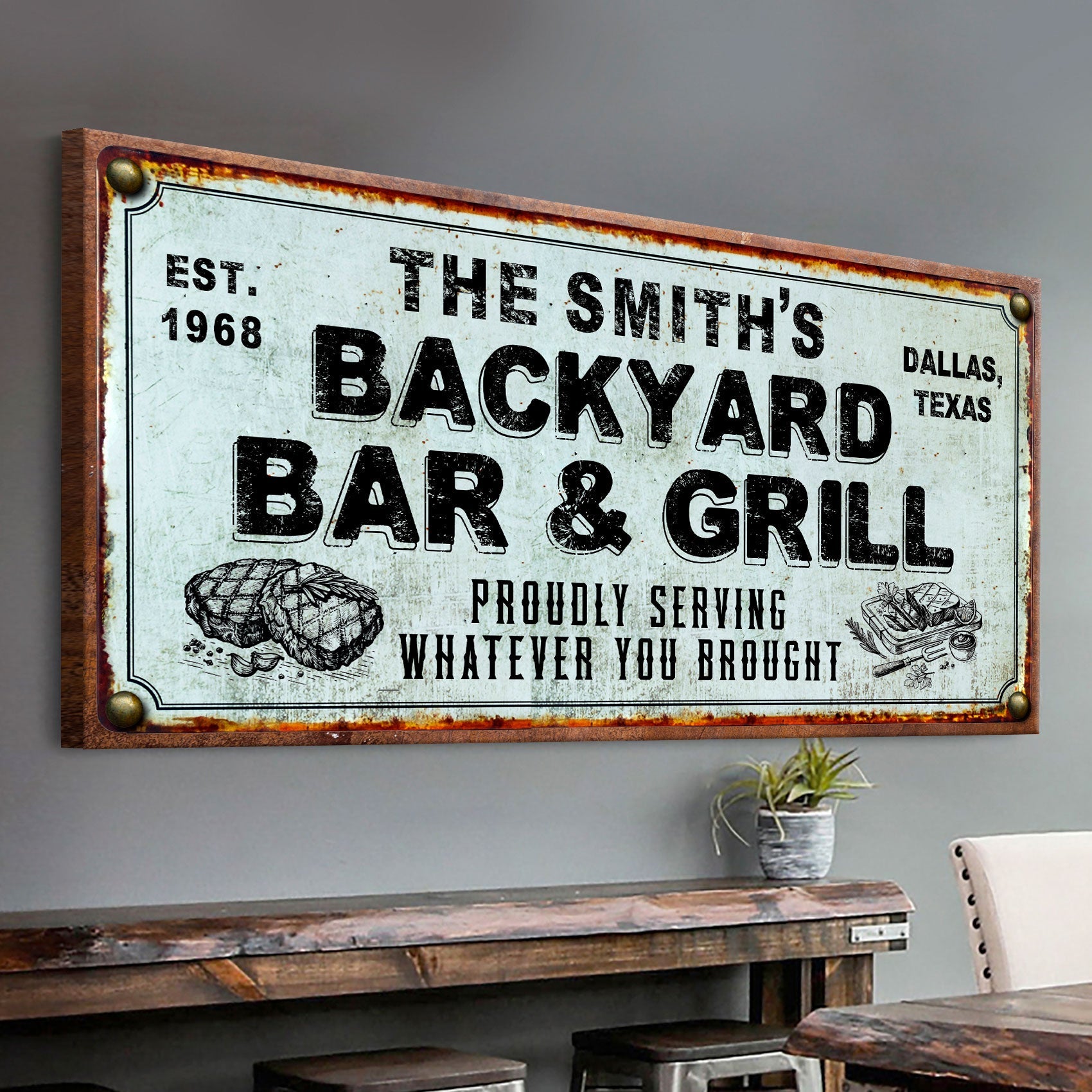 Backyard bar and grill canvas sign for entertaining