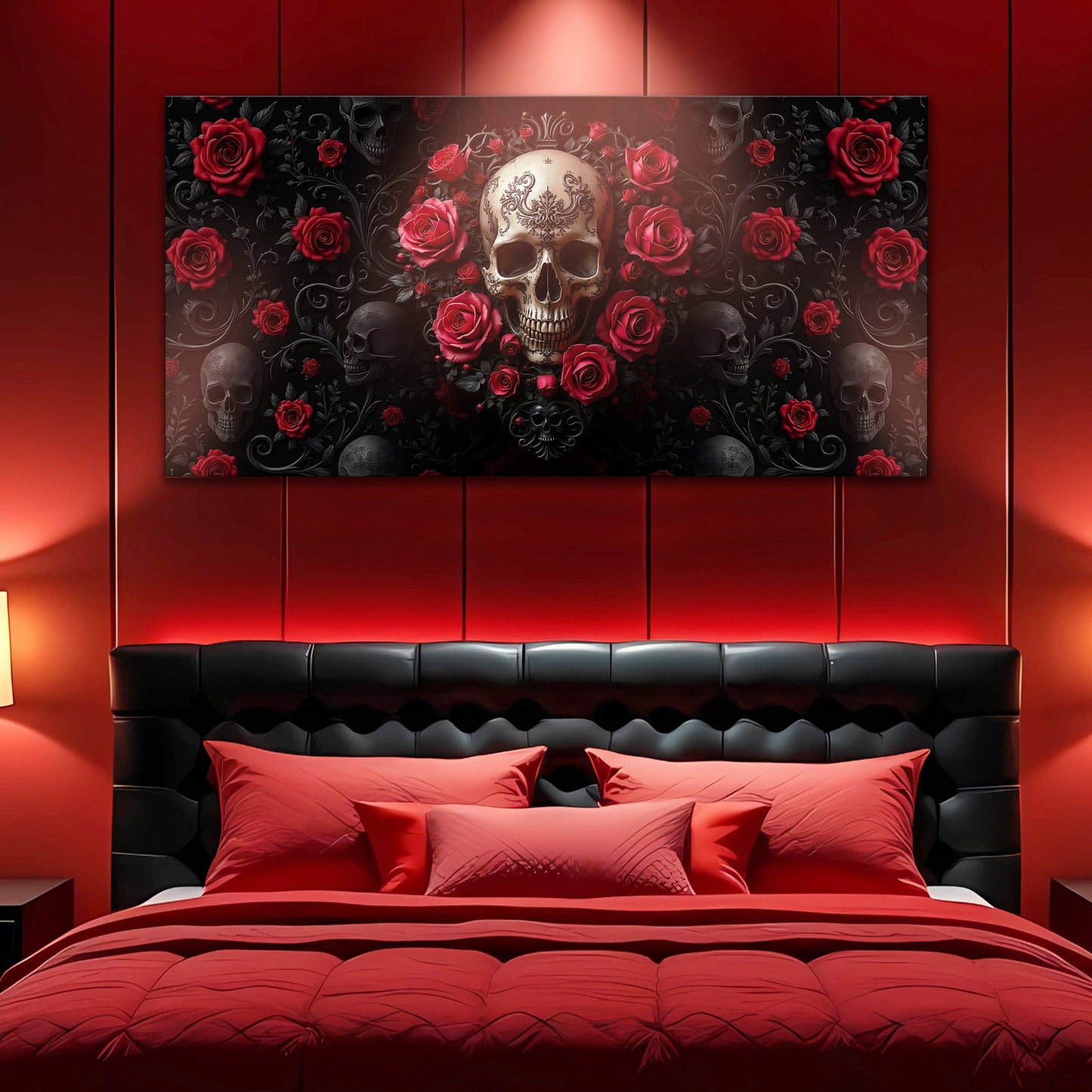 3D rose and skull canvas wall art design three