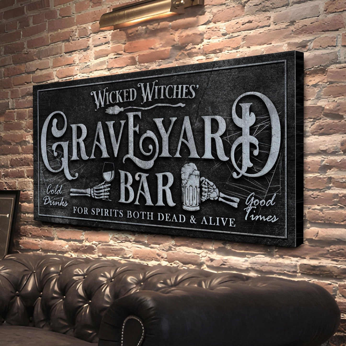 Wicked Witches Graveyard Bar Halloween canvas sign with dark festive bar theme