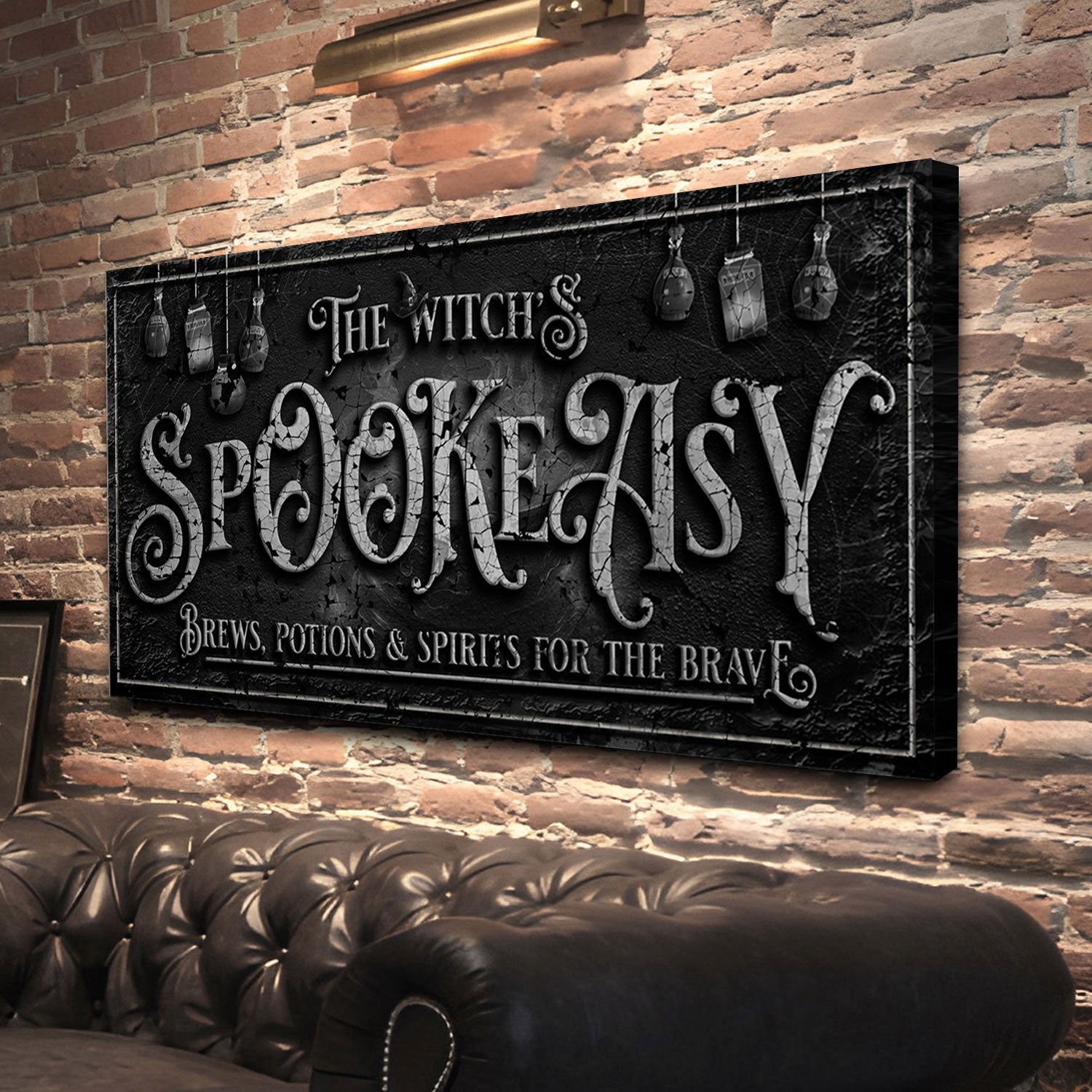 Witch's Speakeasy Bar Halloween canvas wall art with moody occult bar typography, gallery-wrapped