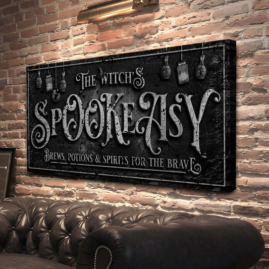 Witch's Speakeasy Bar Halloween canvas wall art with moody occult bar typography, gallery-wrapped