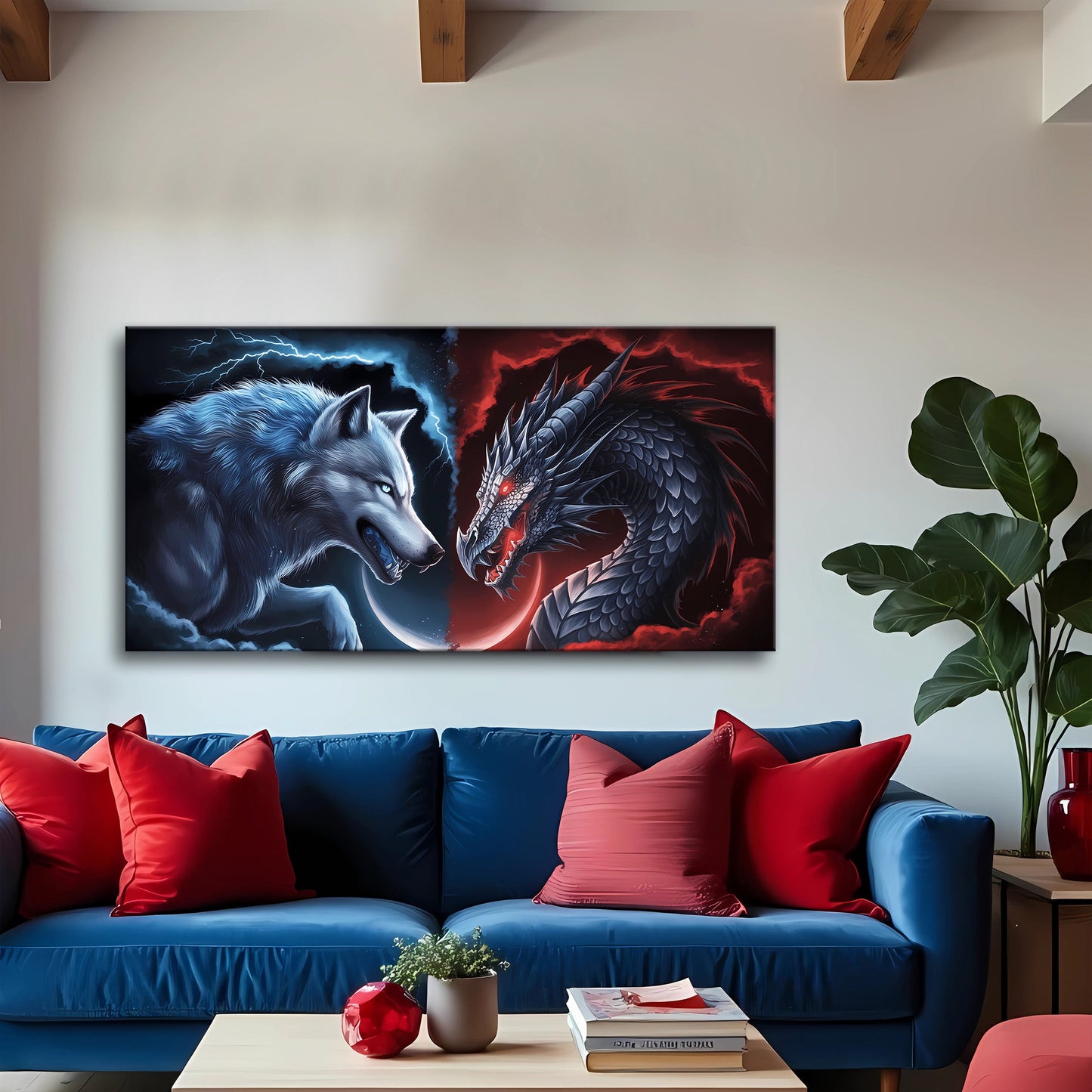 3D Dragon and Wolf Canvas Wall Art