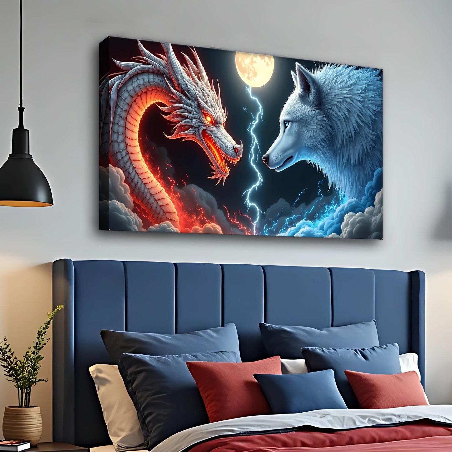 3D Dragon and Wolf Canvas Wall Art III