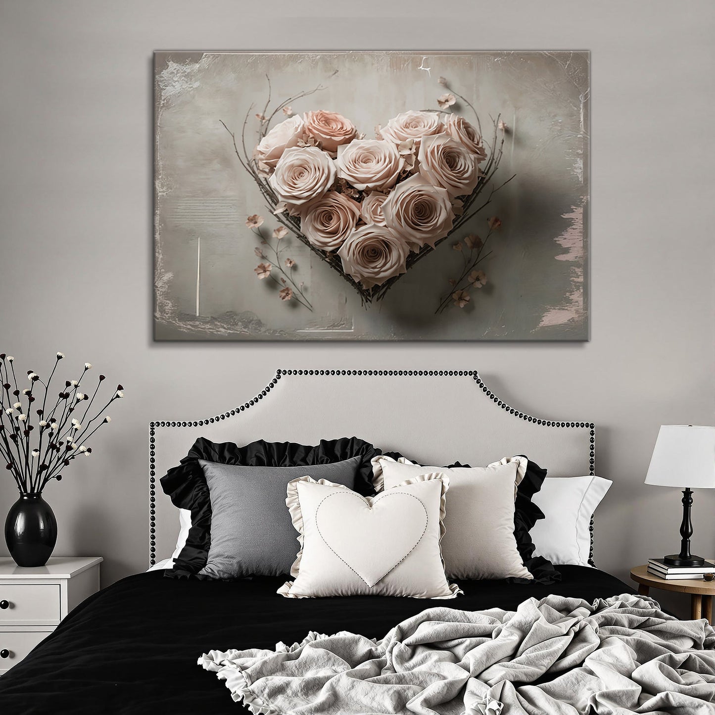 Floral heart canvas wall art botanical blooms bedroom decor