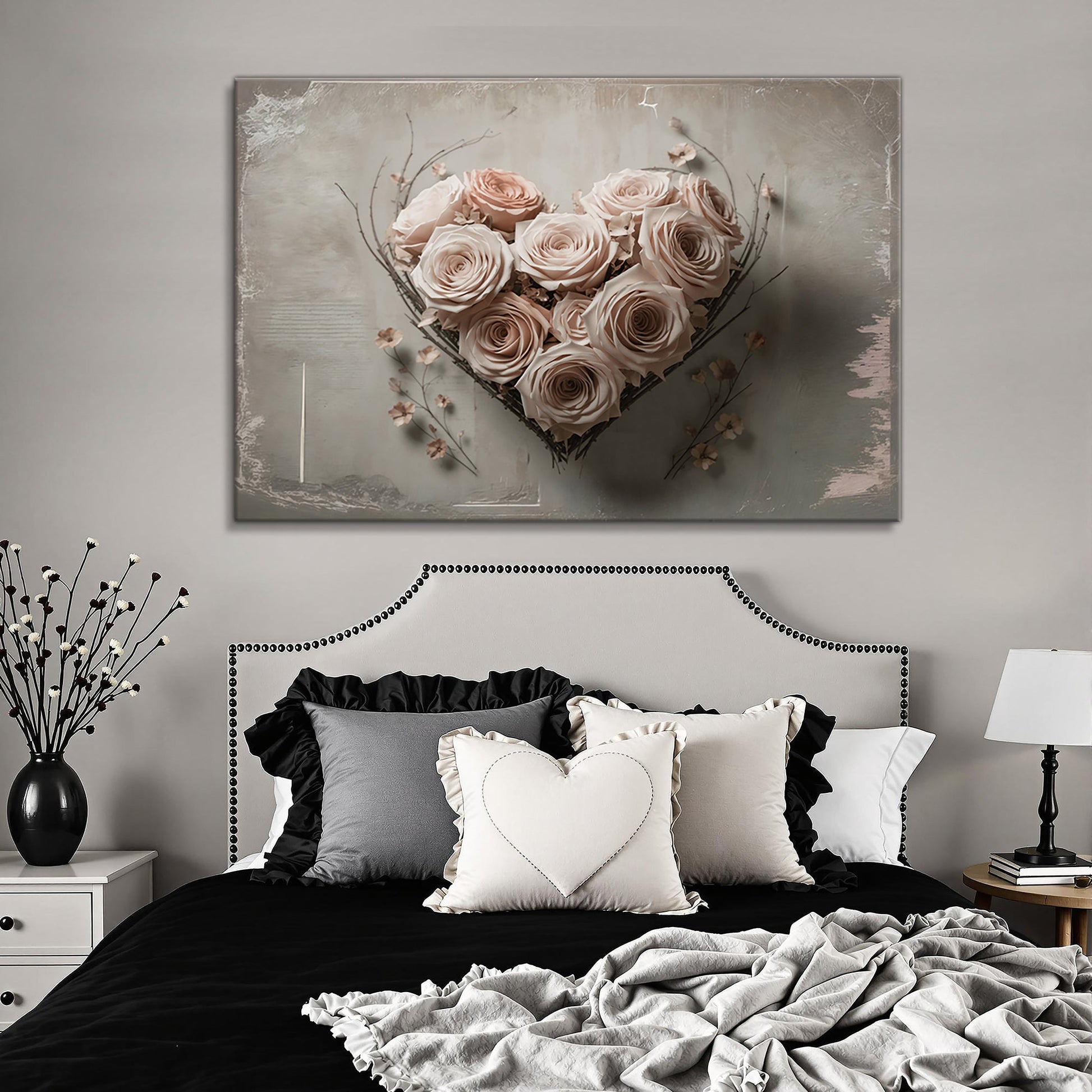 Floral heart canvas wall art botanical blooms bedroom decor
