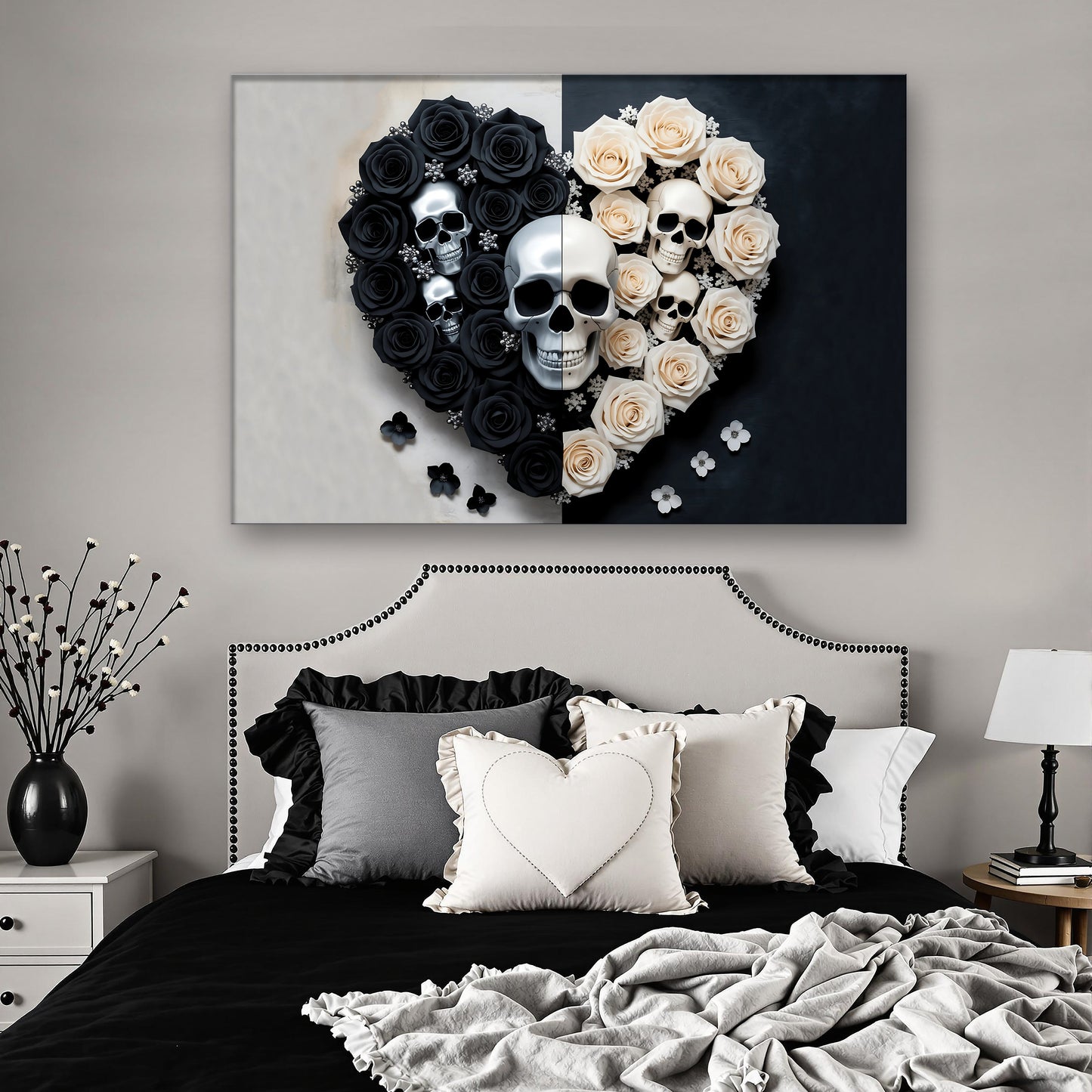 Skull and flowers ornate canvas wall art gothic botanical statement piece