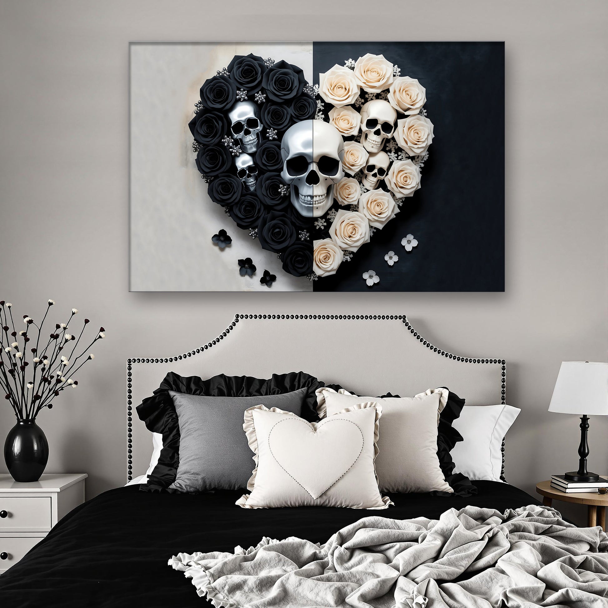 Skull and flowers ornate canvas wall art gothic botanical statement piece