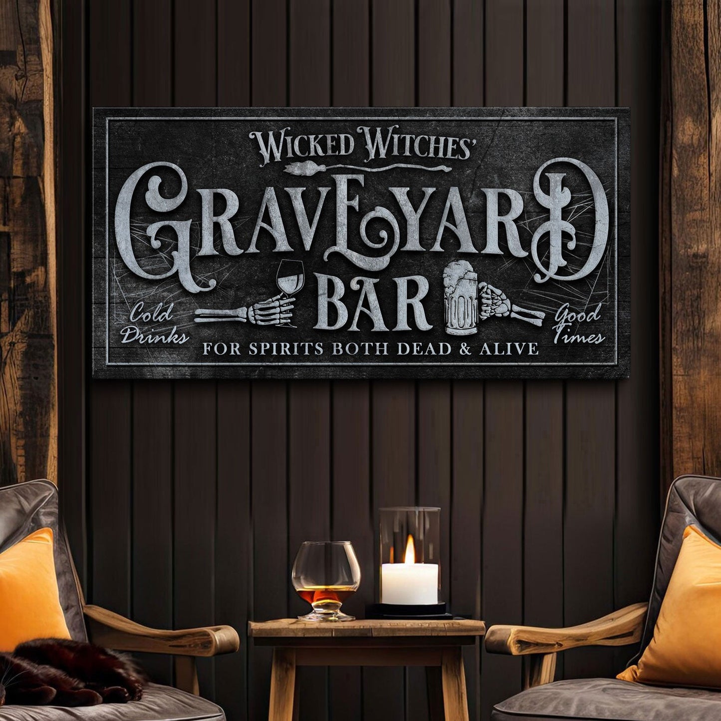 Wicked Witches Graveyard Bar Halloween Canvas Sign