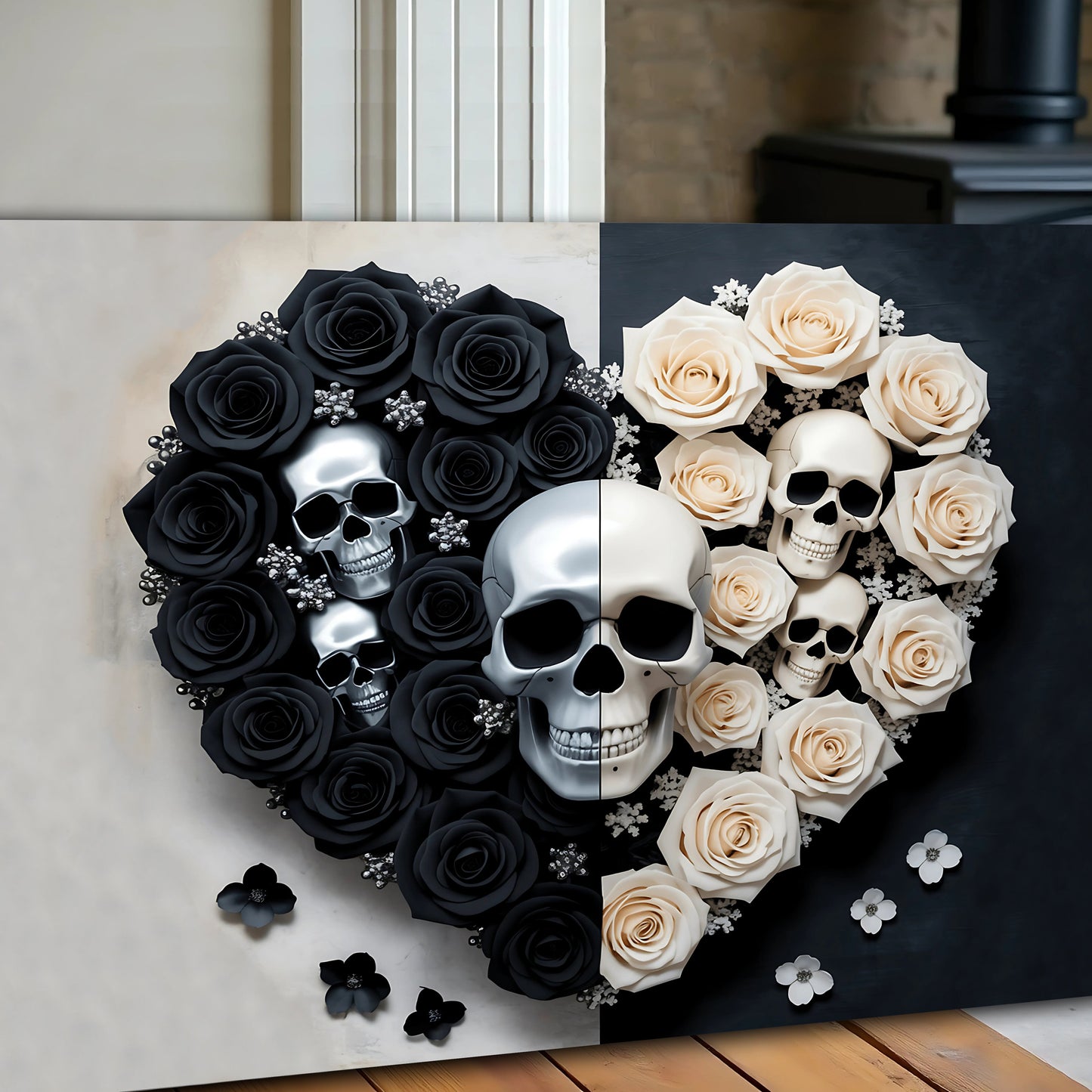 Skull and Flowers Ornate Canvas Wall Art