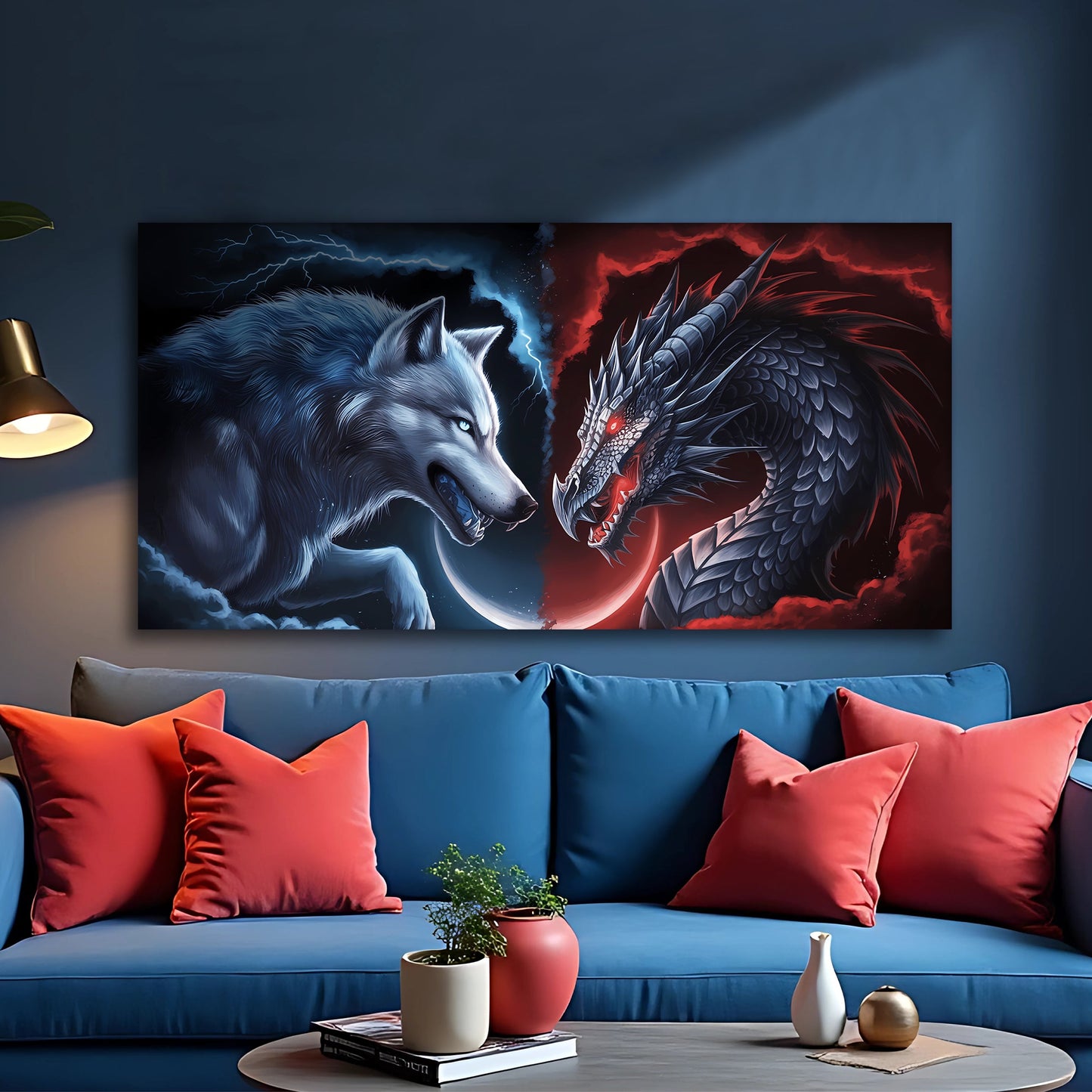 3D dragon and wolf canvas wall art design