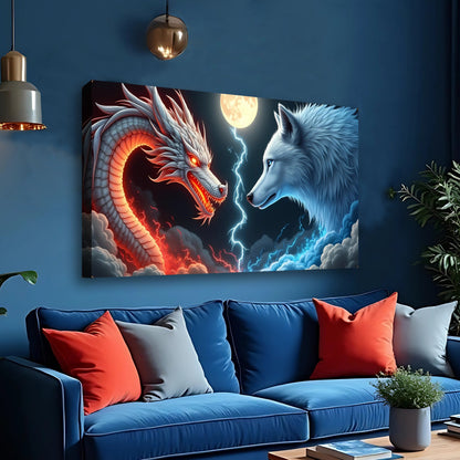 3D Dragon and Wolf Canvas Wall Art III