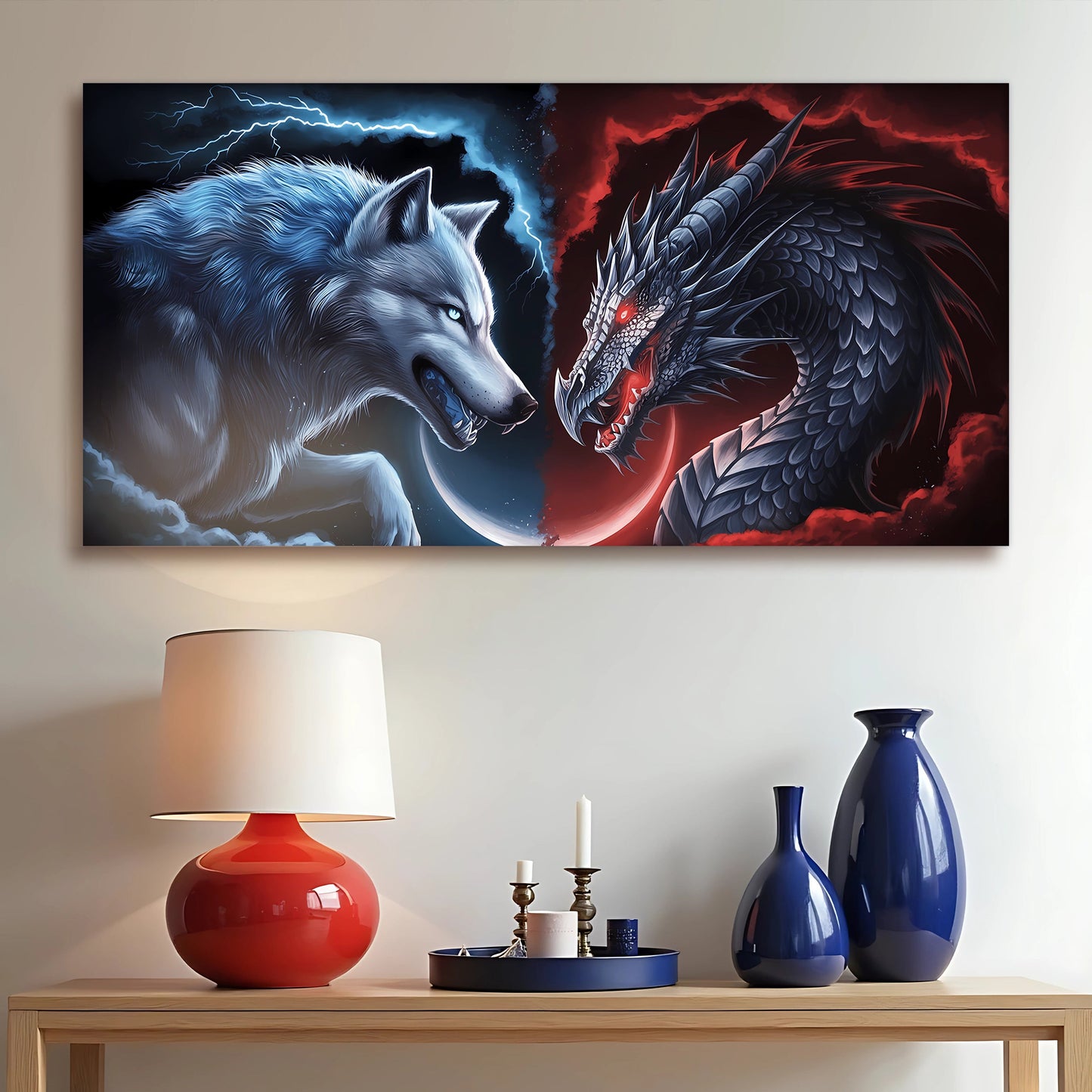 3D Dragon and Wolf Canvas Wall Art