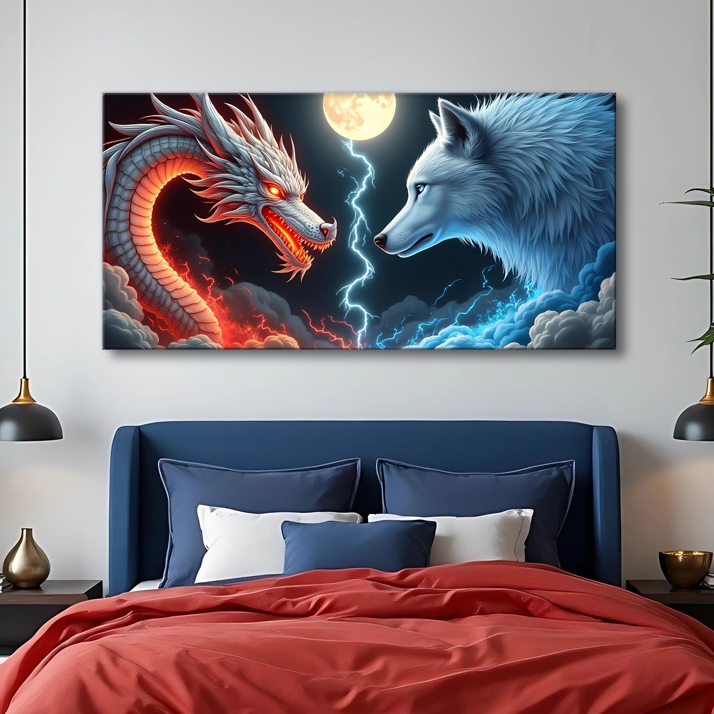 3D dragon and wolf canvas wall art design three