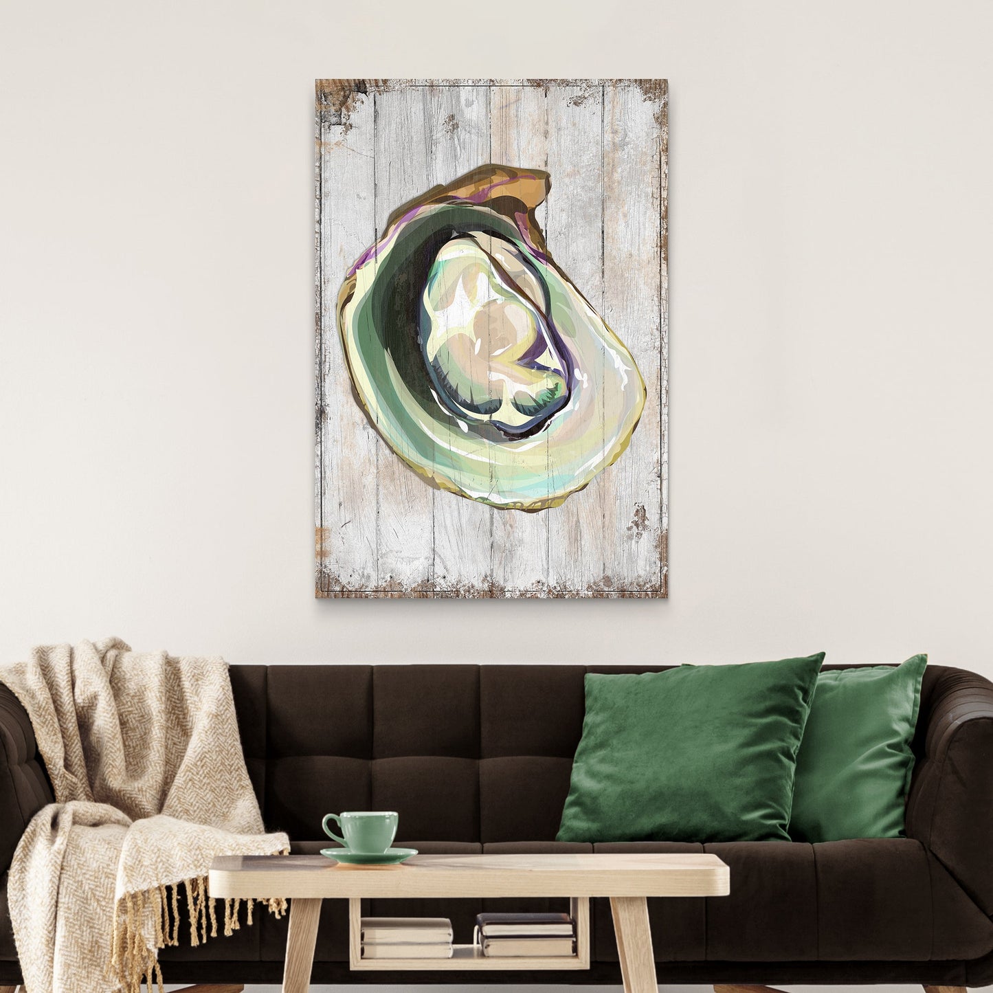 Oyster shell coastal canvas wall art for beach house and coastal living decor