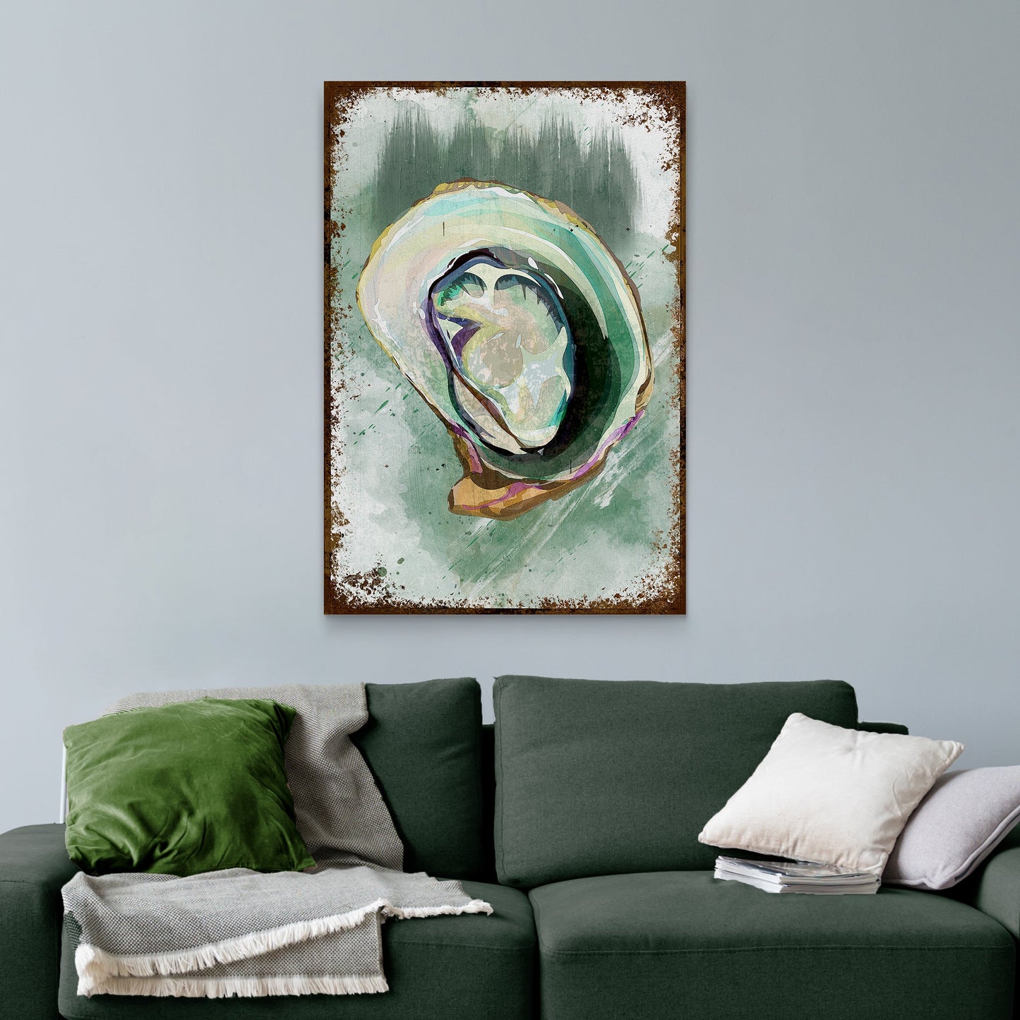 Oyster shell abstract watercolor canvas wall art with ocean-inspired colors
