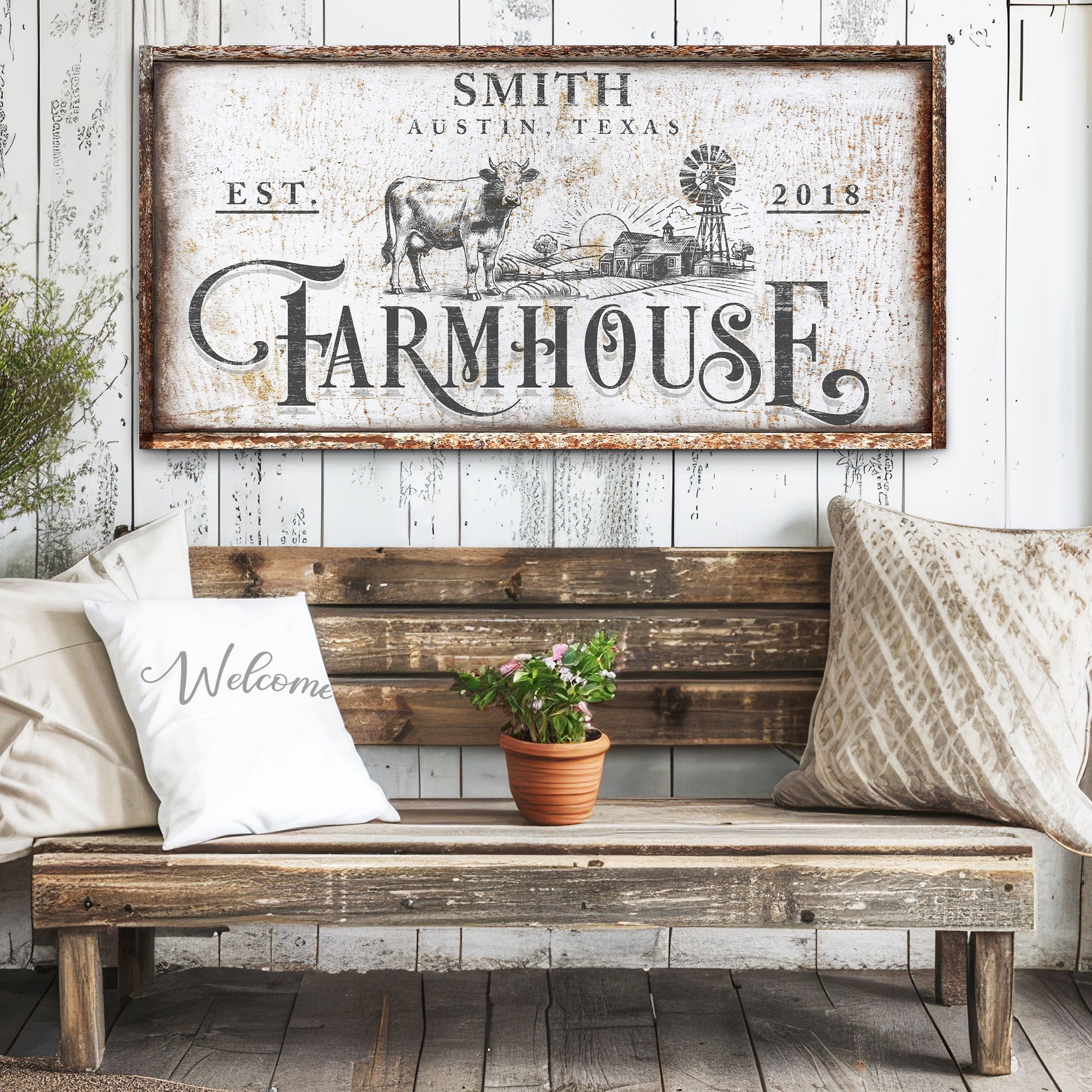 Rustic vintage farmhouse canvas art with distressed heritage-inspired farmhouse design