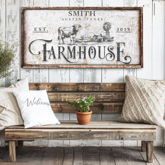 Rustic vintage farmhouse canvas art with distressed heritage-inspired farmhouse design