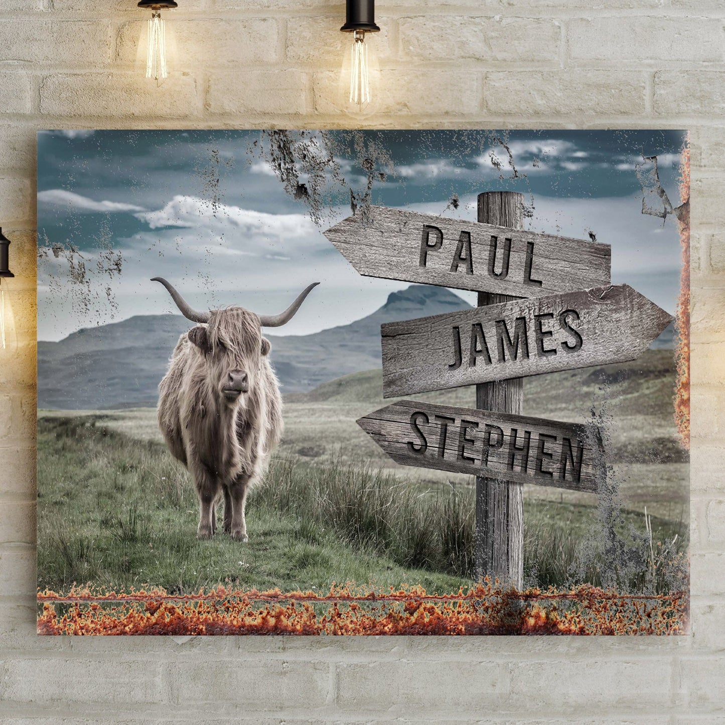 Personalized Highland cow family canvas sign with rustic word-art and established year