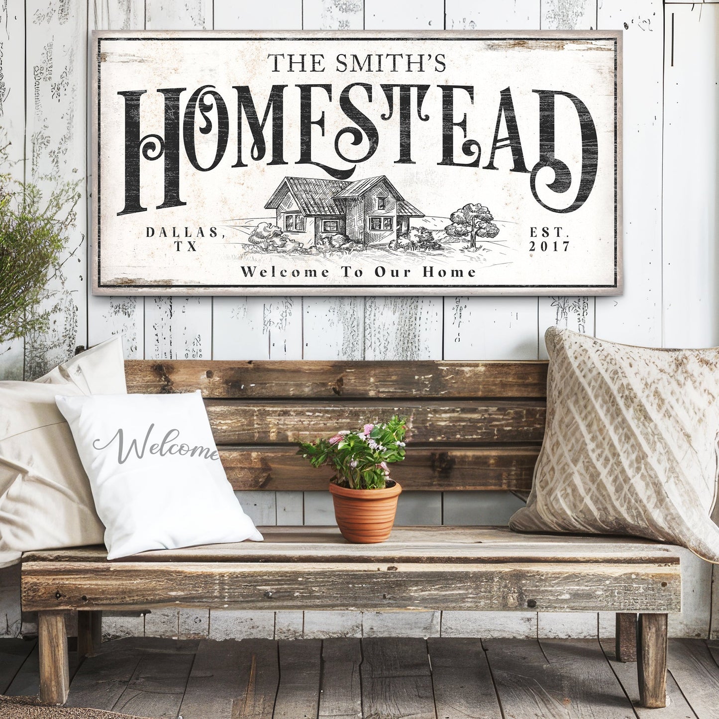 Vintage homestead canvas wall art with aged lettering farmhouse style