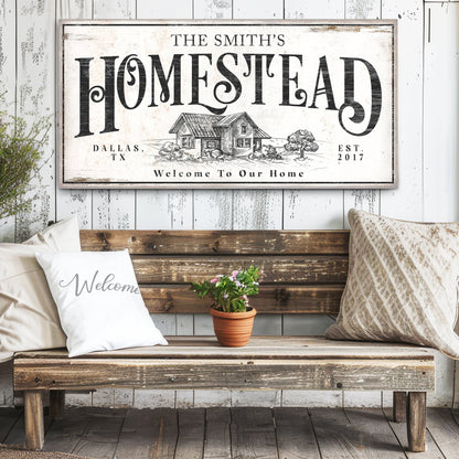 Vintage homestead canvas wall art with aged lettering farmhouse style