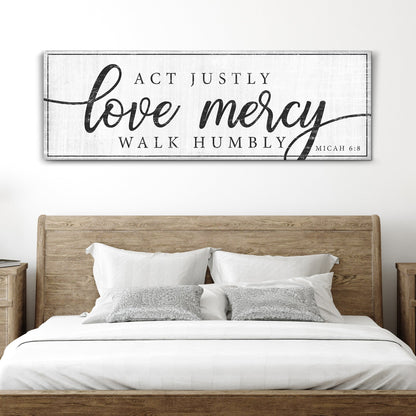 Act Justly Love Mercy Gray Script canvas shown in a styled room setting, view 3