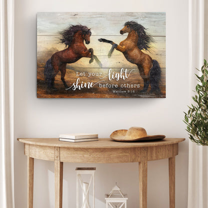 Matthew 5:16 Let Your Light Shine Rearing Horses canvas shown in a styled room setting, view 3