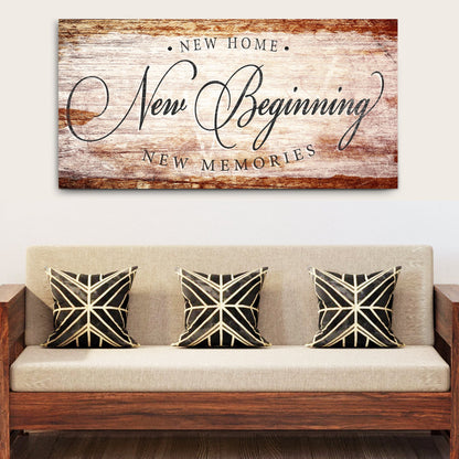 New Home New Beginning Reddish Barnwood-Look canvas shown in a styled room setting, view 2