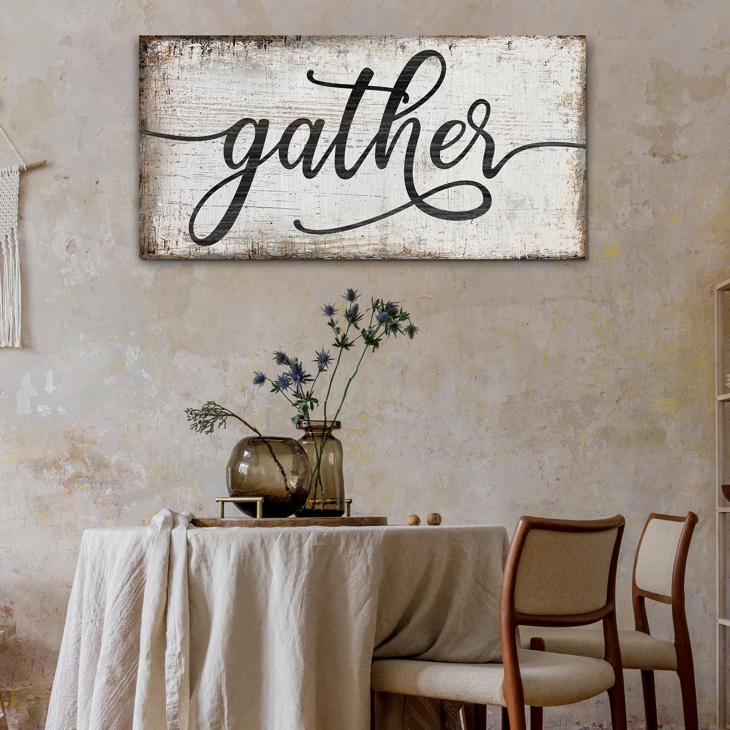 Rustic style Gather sign canvas wall art in warm tones for farmhouse kitchens