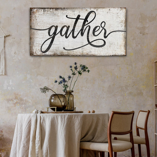 Rustic style Gather sign canvas wall art in warm tones for farmhouse kitchens