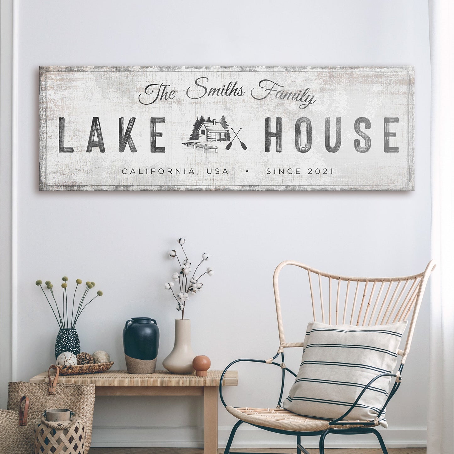 Personalized lake house cabin canvas sign with name and year, rustic style, ready to hang