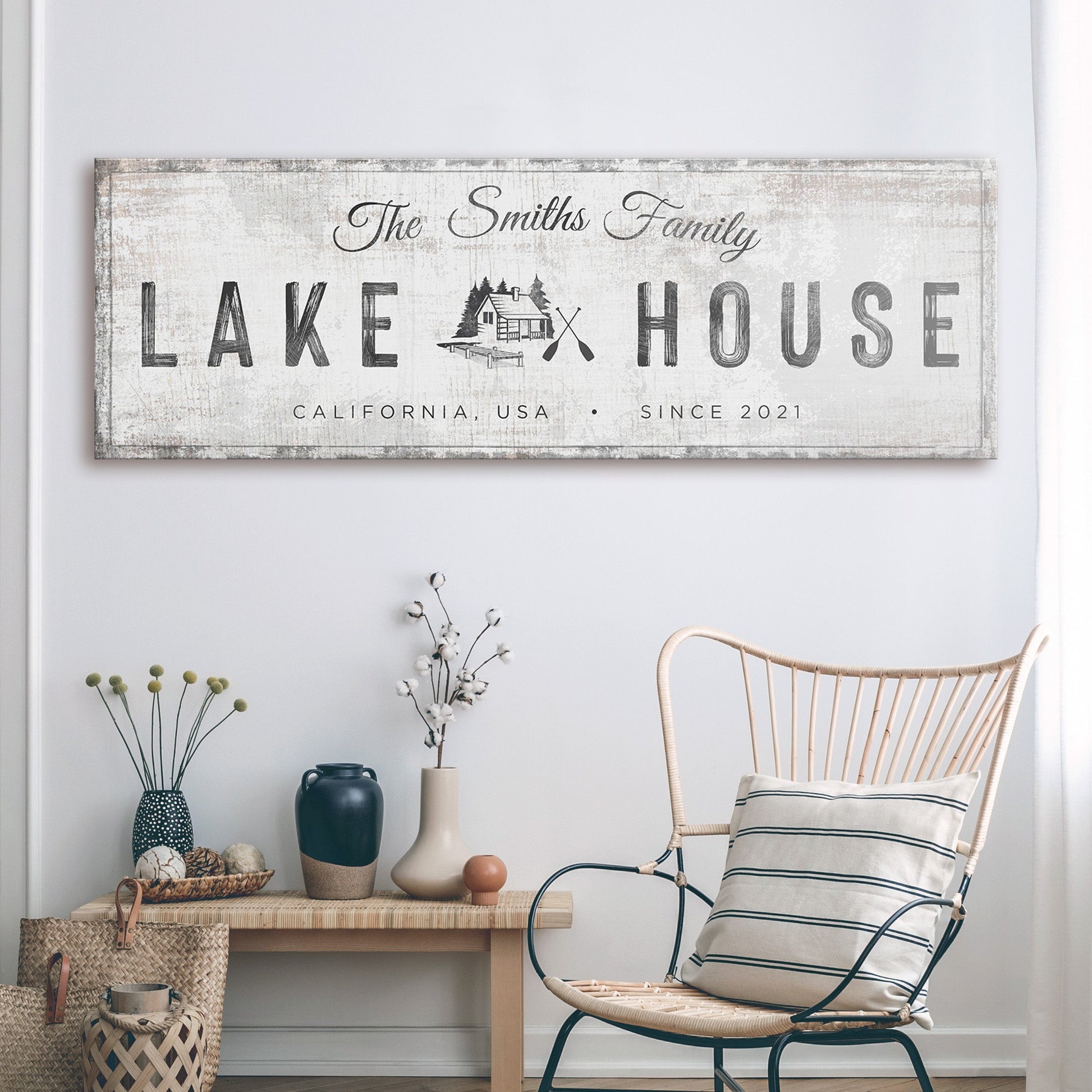 Personalized lake house cabin canvas sign with name and year, rustic style, ready to hang